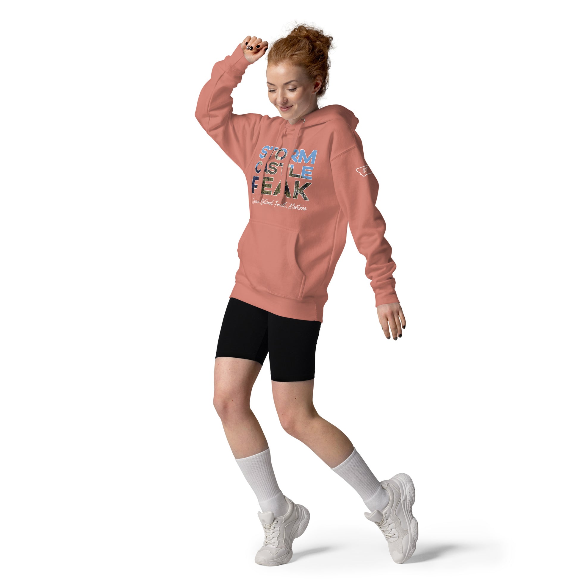 Front-Side view of Storm Castle Peak in Custer Gallatin National Forest Montana Dusty Rose Women's Hoodie from Park Attire