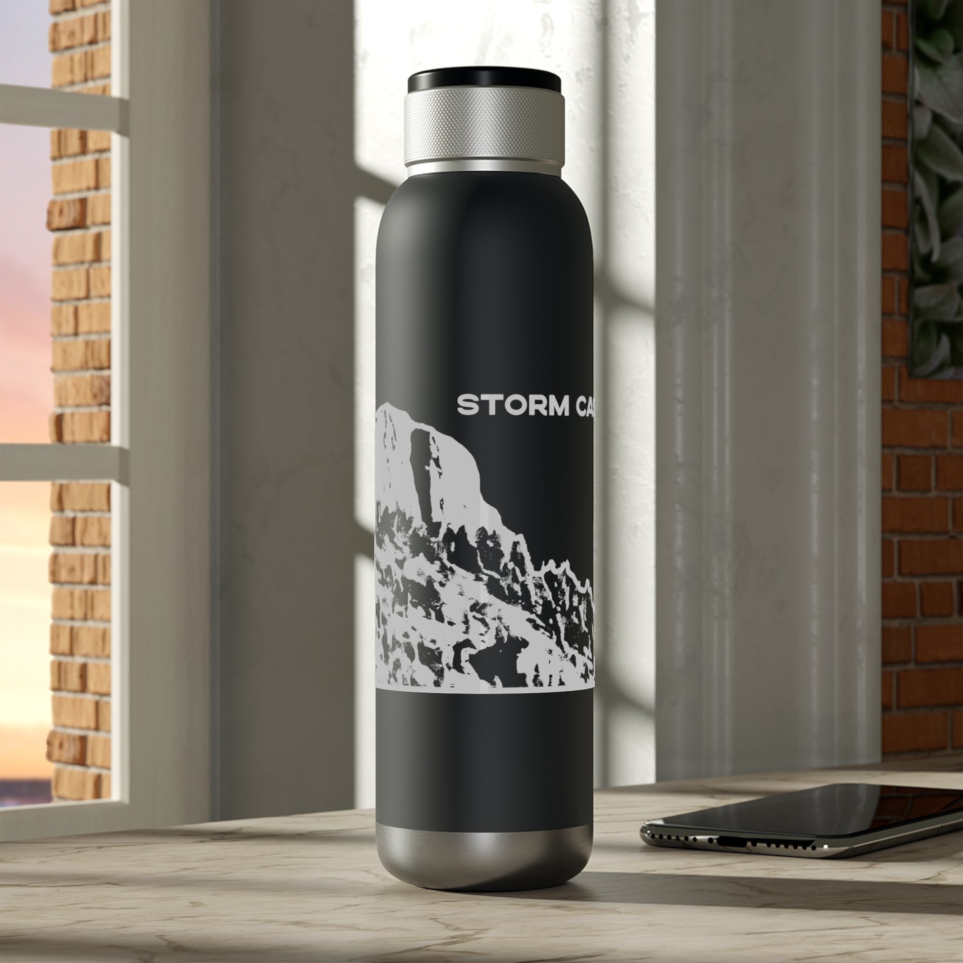 Front view of Storm Castle Peak in Custer Gallatin National Forest Montana 22oz Black Hiking Water Bottle from Park Attire