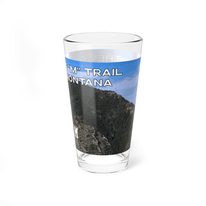 Side view of The College "M" Trail in Bozeman, Montana 16oz Bar Glass from Park Attire