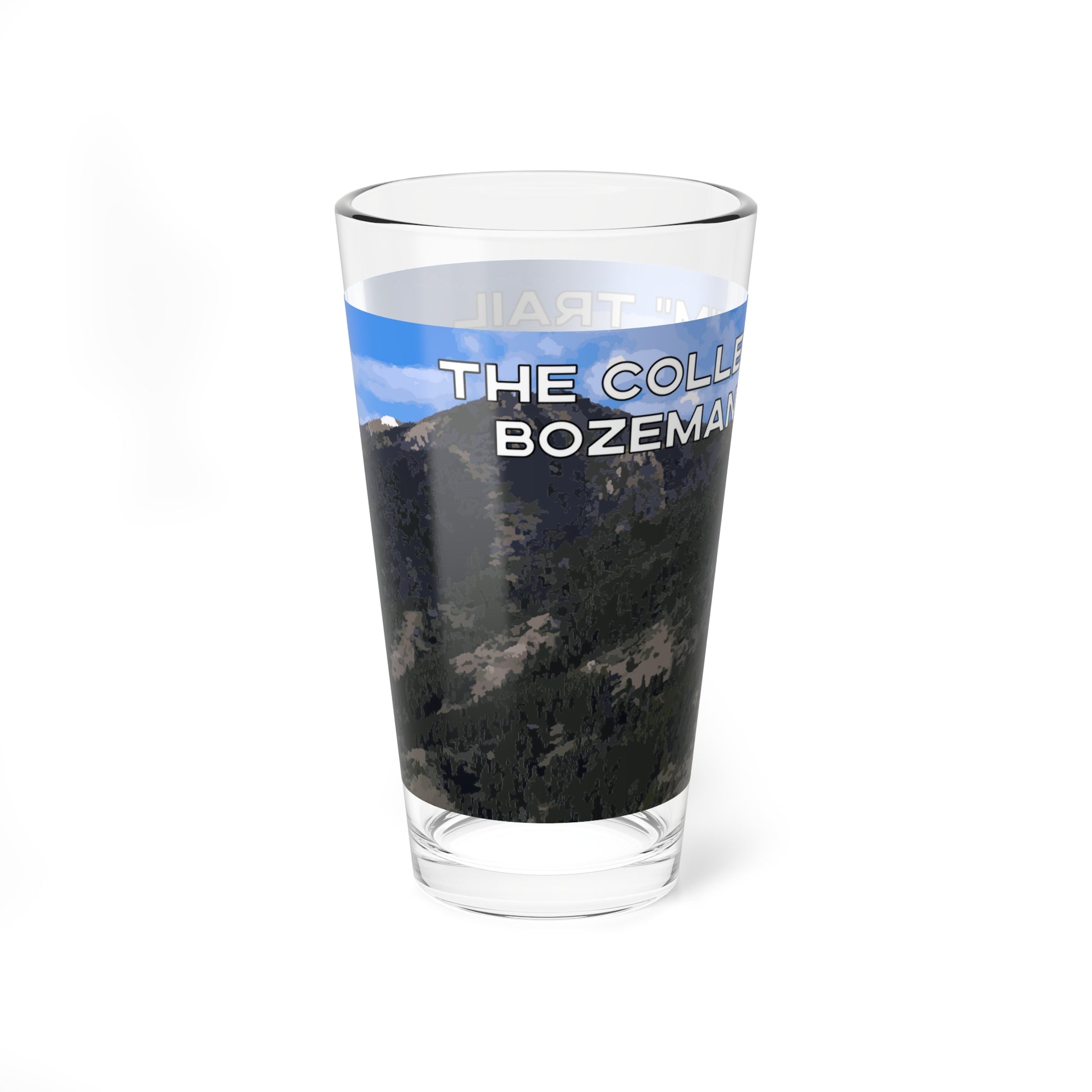 Front view of The College "M" Trail in Bozeman, Montana 16oz Pint Glass from Park Attire